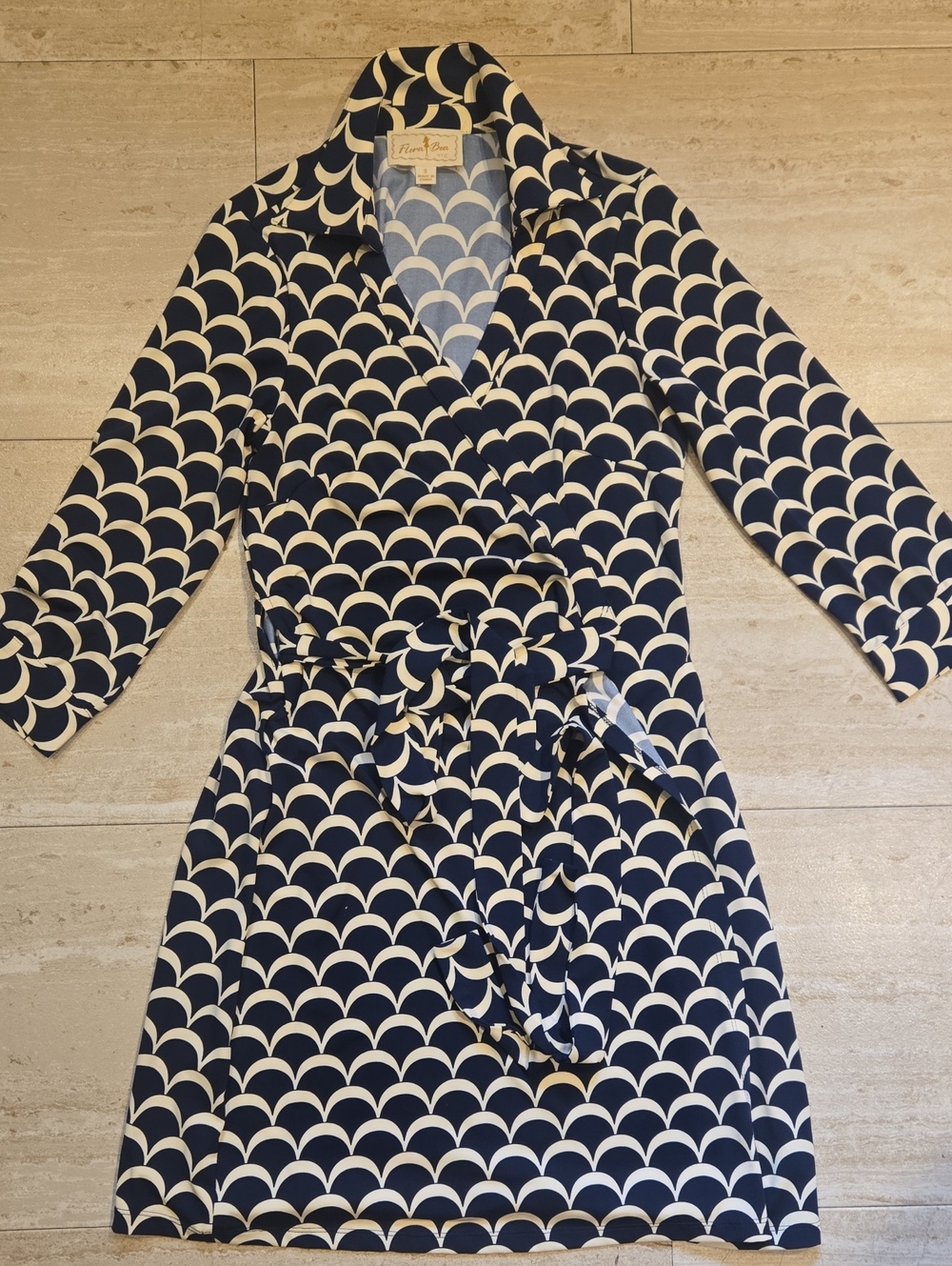Flora Bea NYC Deep Navy/Cream Scalloped Print Wrap Tie Dress